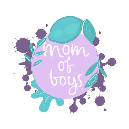 MOM OF BOYS hand drawn vector lettering with floral frame. Text in vector flat flowers border. Birthday, anniversary greeting card. Stock vector illustration isolated on white background.のイラスト素材