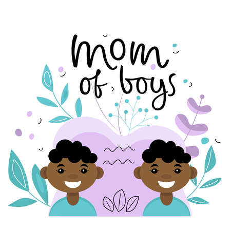 Face of a dark skinned boy with quote MOM OF BOYS. Cartoon portraits of a young smiling boys. Avatar character for an icon, logo, hand drawn simple flat. Stock vector illustration on white background.のイラスト素材