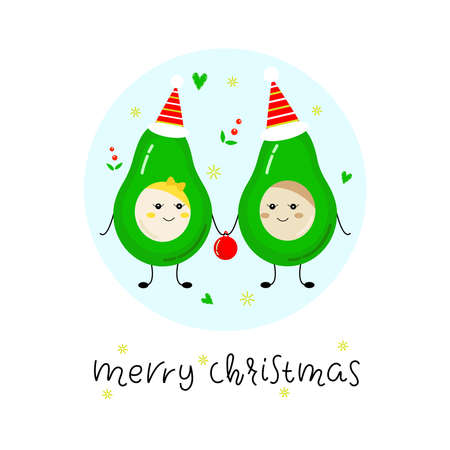 Merry Christmas. Holiday hand drawn vector illustration. couple of avocados holding hands.New year bright poster. Perfect for poster, postcard, card, invitation, banner, flyer.のイラスト素材