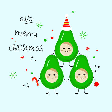 Holiday humorous slogan hand drawn vector illustration. Avo Merry Christmas lettering with avocado. New year bright poster. Perfect for poster, postcard, card, invitation, banner, flyer.のイラスト素材