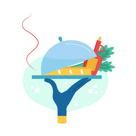 Illustration food delivery. Gloved hand holds a tray of food. Concept for food Delivery service. Vectorのイラスト素材