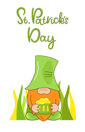 St. Patrick's day lettering with holiday gnome. Leprechaun with mug beer on vertical background. Holiday banners, web poster, flyers, brochures. Cartoon Flat Vector Illustrationのイラスト素材