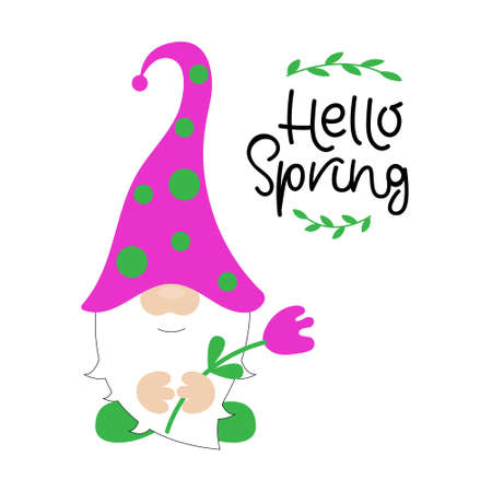 Hello Spring typography poster. Lettering with cnome. Inspiring motivational phrase, scandinavian style saying. Greeting card, poster, T shirt print design. Vector illustration.のイラスト素材