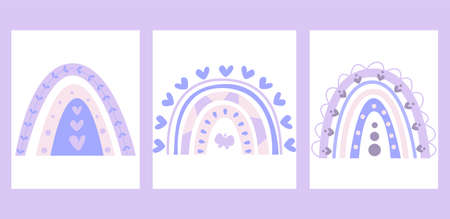 Scandinavian boho rainbow. Cute vector pastel rainbow set with drops and heart isolated on white background printable poster for kidsのイラスト素材