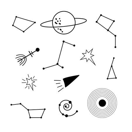 Space Set. Vector hand drawn outline illustration of Space concept. Black contour doodle, line art. Coloring book design element. Poster, greeting card template.のイラスト素材