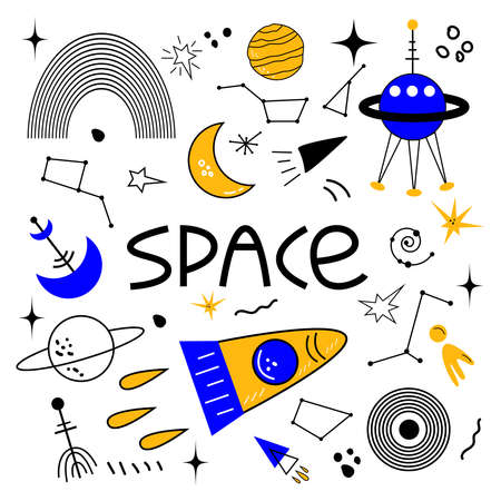 Space Set. Vector hand drawn outline illustration of Space concept. Black contour doodle, line art. Coloring book design element. Poster, greeting card template.のイラスト素材