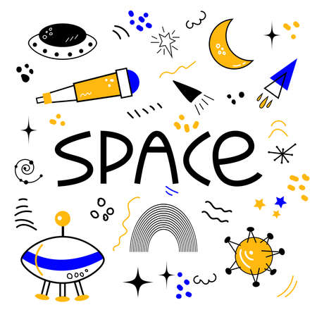 Space Set. Vector hand drawn outline illustration of Space concept. Black contour doodle, line art. Coloring book design element. Poster, greeting card template.のイラスト素材