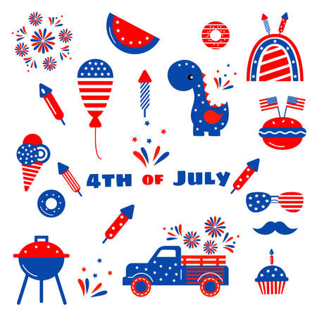 Independence day patriotic illustrations set. Cute vector prints for 4th of July. Independence day design elements in the colors of the US national flag. Baby, kids designのイラスト素材