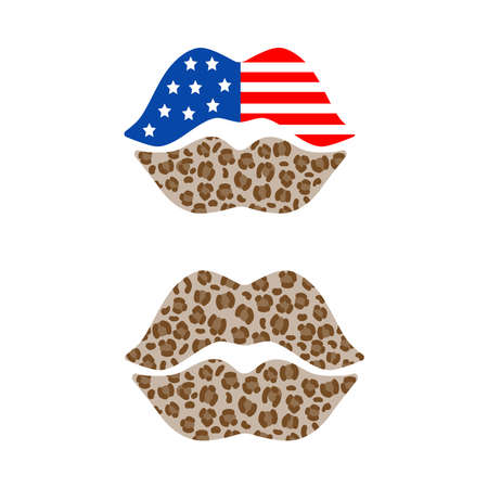 American lips .; 4th of July. Independence day design elements in the colors of the US national flag. Vector logo Illustration. T shirt leopard print designのイラスト素材