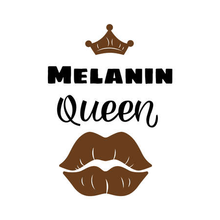 Melanin Queen inscription with lips. Positive motivational handwritten vector quote. Motivation text. Vector illustration in flat minimalist style.のイラスト素材
