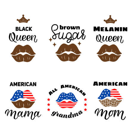 Female lips with quotes set. 4th of July. Juneteenth, black live metters. Trend design elements in the colors of the leopard.のイラスト素材