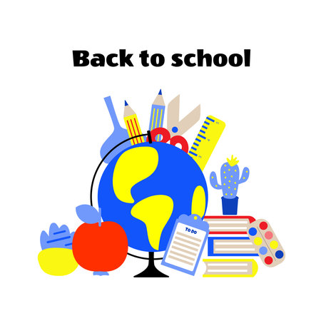 Back to school celebration quote. Globe with book, watercolor, pencil and other stationery. Education design concept. Vector illustrationのイラスト素材