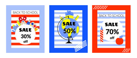 Back to school vector banners. Vertical background with 30,50,70% sale. Red and blue striped background with education accessories element. Minimalist style, Vector illustrationのイラスト素材