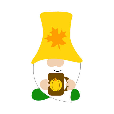 Cute fall gnome in a yellow hat with nut. Autumn decorative typography poster. Baby, t shirt design. Vector illustrationのイラスト素材