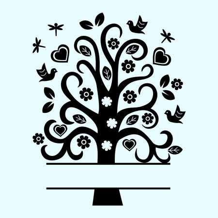 Family tree silhouette monogram vector illustration. Black color tree. Paper tree design. Family conceptのイラスト素材
