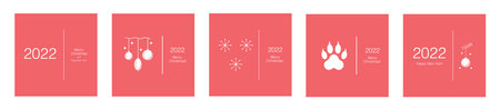 2022 Happy New Year posters set. White text on red background. Minimalistic trendy for branding, banner, cover, card. Vector illustrationのイラスト素材