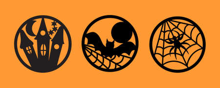 Halloween icons set. Halloween round shape badge black color. Horizontal orange background. Vector.のイラスト素材