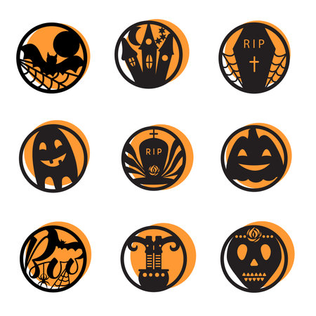 Halloween icons set. Halloween round shape badge black color on orange background. Vector.のイラスト素材