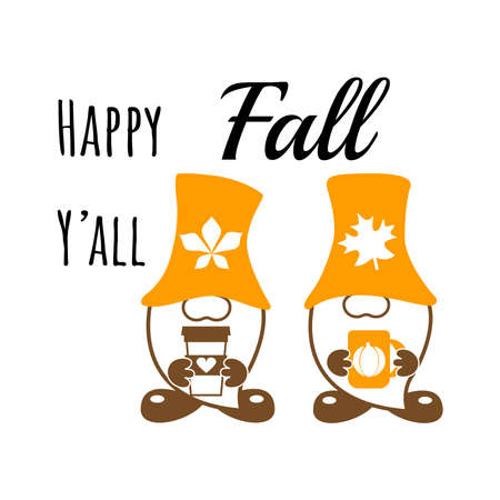 Happy fall yall. Gnomes with coffee and inscription. Fall season. Cute printables autumn design. Poster, banner, greeting card design element.のイラスト素材