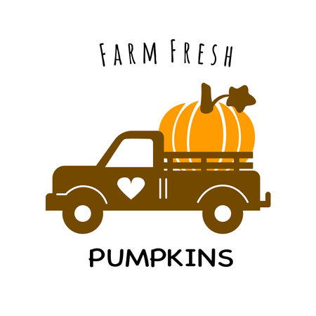 Farm fresh pumpkins. Truck with pumpkin. Fall season. Cute printables autumn design. Poster, banner, greeting card design element. Vector illustrationのイラスト素材