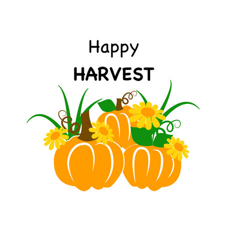 Happy Harvest. Punpkins with inscription. Fall season. Cute printables autumn design. Vector illustrationのイラスト素材