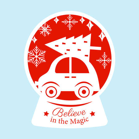 Christmas snow globe with holiday car and christmas tree. Laser cut. Silhouette vector illustration. Perfect for the laser cut, plotter and screen printing.のイラスト素材