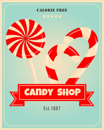 Retro poster design for candy shop. Candies, lollipops vintage banner theme. Promotional banner for sweets, cakes and desserts.のイラスト素材