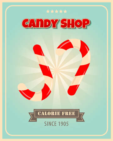 Retro poster design for candy shop. Candies vintage banner theme. Promotional banner for sweets, cakes and desserts.のイラスト素材