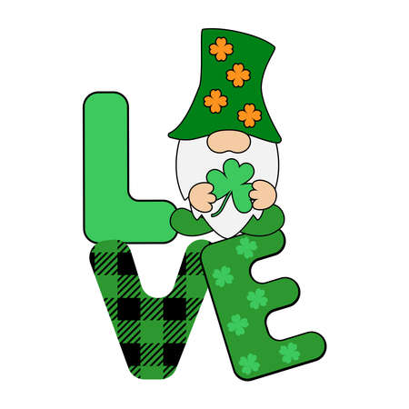 Love phrase with Gnome. St. Patrick's Day holiday decor isolated on white background. Poster, banner, greeting card design element.のイラスト素材