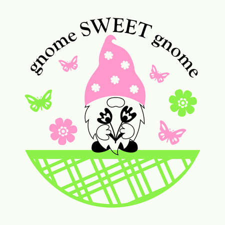 Gnome sweet gnome vector stencils of spring gnomes for cutting. Door, window decoration, gnome protrusion. round signのイラスト素材