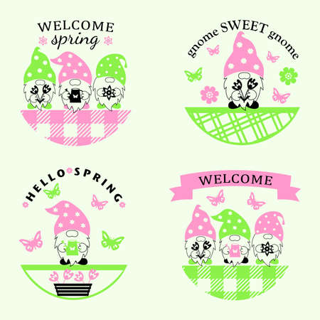 Stencils set of spring gnomes for cutting. Door, window decoration, gnome protrusion. round sign. spring decorationsのイラスト素材