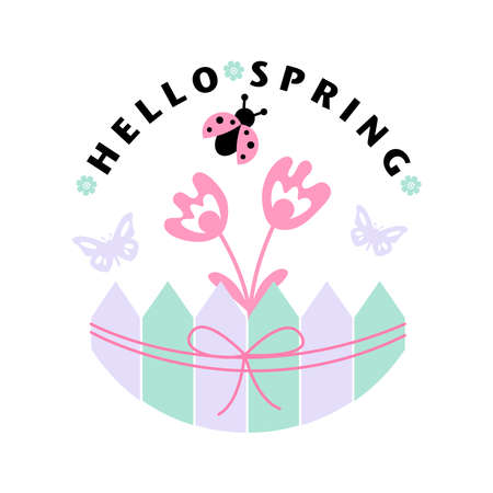 Hello spring Inspirational quote. Cute farm house vector illustration. Pastel trendy colors. Perfect for magazine, book, poster, card, web pages.のイラスト素材