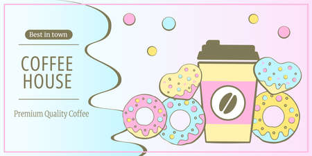 Coffee house horizontal banner for Coffee shop, Coffee house, cafe-bar, barista, drink. Vector illustration for poster, banner, flyer, advertising, commercial.のイラスト素材