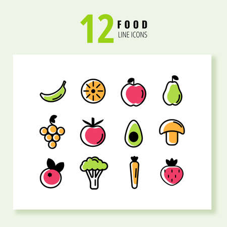 12 trendy color healthy food icons. Outline, line and stroke style can be used for web, mobile, app, and the most modern projects.のイラスト素材