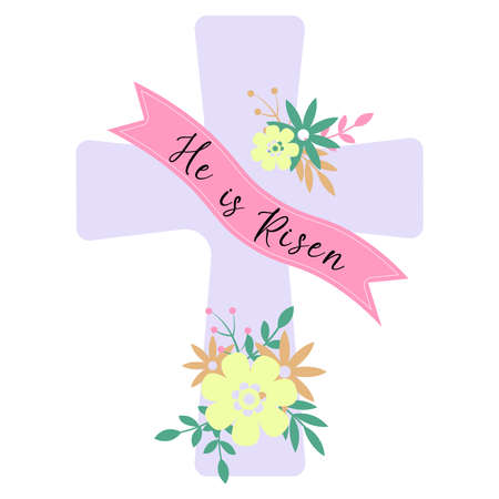 He is risen-easter celebration quote. Religious cross with flowers in pastel colors. Stock vector illustration isolated on white background. greeting card templates.のイラスト素材