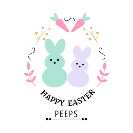 Happy easter peeps celebration quote. Cute bunny with frame vector illustration. Pastel trendy colors. Stock vector illustration isolated on white background. greeting card templates.のイラスト素材
