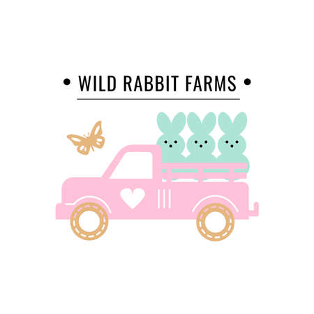 wild rabbit farms. Bunnies on a holiday truck in pastel colors. Easter celebration vector illustration. Perfect for magazine, book, poster, card, web pages.のイラスト素材