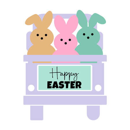 Bunnies on a holiday car in pastel colors. Easter celebration vector illustration. Stock vector illustration isolated on white background. greeting card templates.のイラスト素材