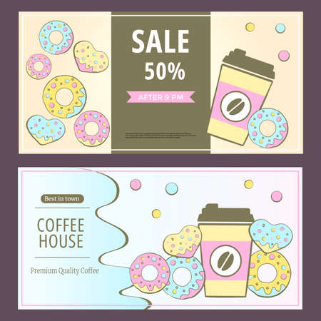 coffee house concept. Horizontal banners for Coffee shop, Coffee house, cafe-bar. promotional sale banner. Vector illustration for poster, banner, flyer, advertising, commercial.のイラスト素材