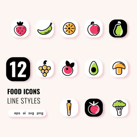 Healthy food icons set. Outline set of food vector icons thin line color flat on white buttons. Vector flat illustration.のイラスト素材