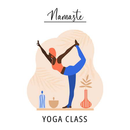 Beautiful and athletic black girl doing stretching. Namaste yoga class bunner. Bright minimalist design. vector illustration.のイラスト素材