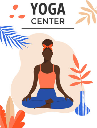 Yoga center vertical bunner. A dark-skinned girl sits in the lotus position. Bright minimalist design. vector illustration.のイラスト素材