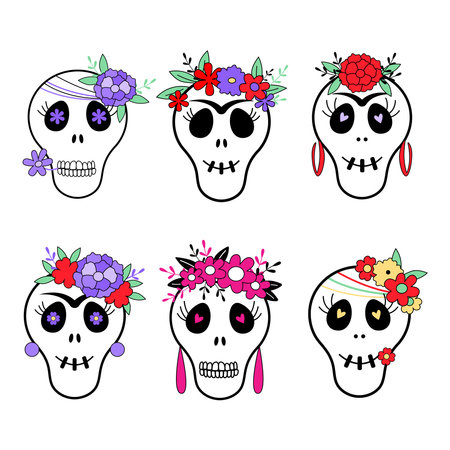 Funny skull with flowers. Cinco de Mayo bright colors. Mexican fiesta, greeting card, holiday poster, banner. vector illustration.のイラスト素材