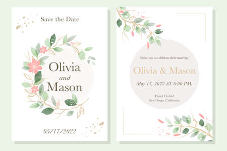 Wedding invitation cards template with watercolor floral decoration. Hand draw floral frame and green watercolor textured. Vector.の写真素材