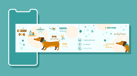 Grooming salon vector. Smartphone with carousel interface, post on social network. Social media design concept.の写真素材