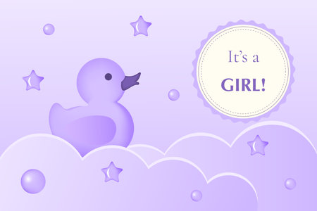 Girl birthday 3D. It's a girl. Cartoon clouds, duck toy on pastel purple background. baby shower horizontal banner. vector illustrationのイラスト素材