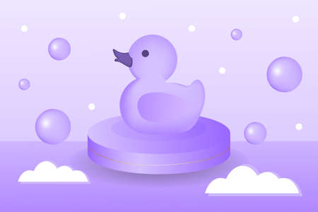 Duck toy on the 3D Cylinder podium. Baby shower 3D vector illustration. Beautiful pastel lavender color background.のイラスト素材