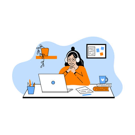 Online education landing page with a girl studying with computer. Girl studying with computer. Vector illustration in flat styleのイラスト素材
