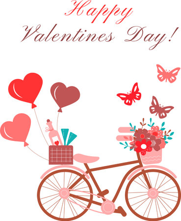 Happy Valentines Day beautiful greeting card with bicycle, baloon, wine, heart. vector illustrationのイラスト素材