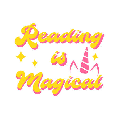 Reading is Magical Hippie phrase, hand drawn hippy quote. Motivational card or banner with seventies retro quote style. vector illustration.のイラスト素材